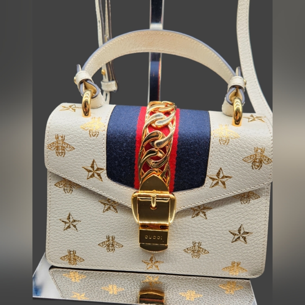 Gucci Sylvie Bee Star Ivory Leather Shoulder Bag